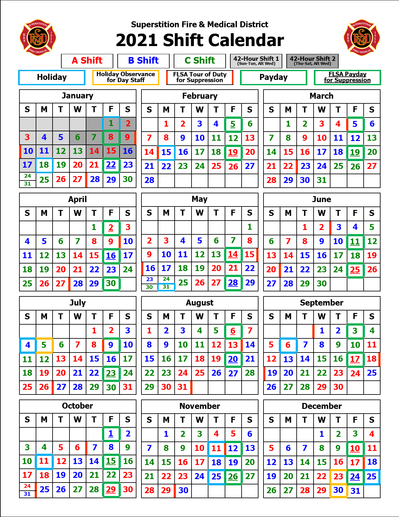 Shift Calendars Superstition Fire & Medical District