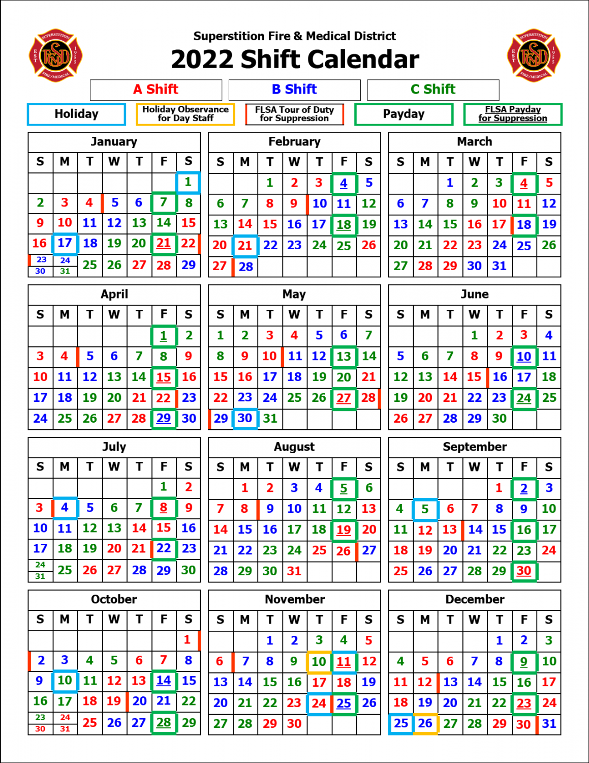 Shift Calendars Superstition Fire & Medical District