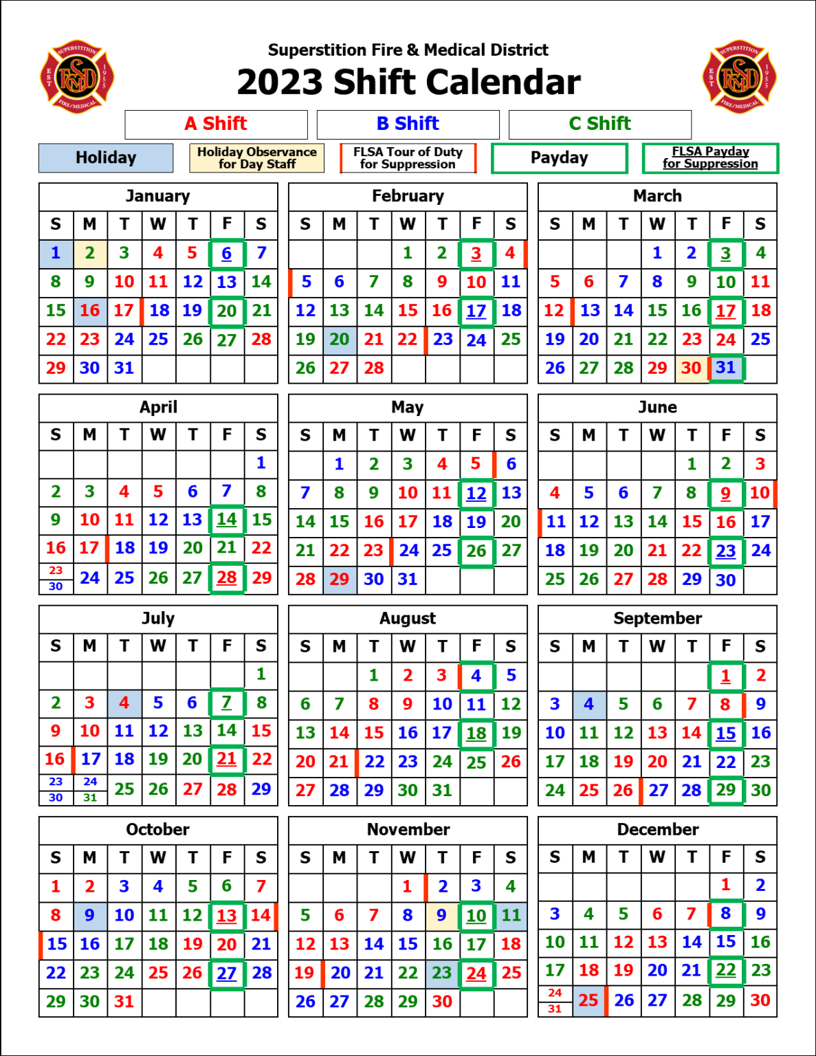 Shift Calendars Superstition Fire & Medical District